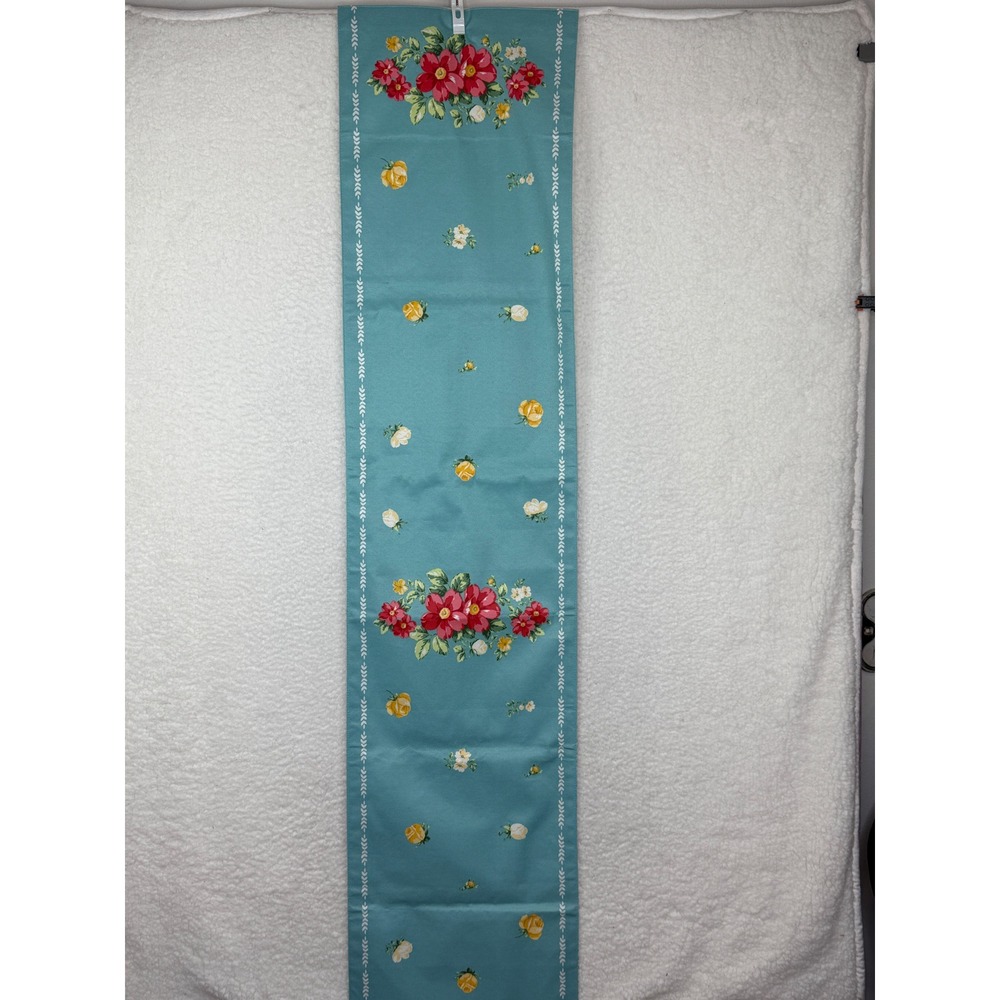Pioneer Woman Teal Blue Floral Table Runner Red Yellow Roses 14x72 Cottagecore